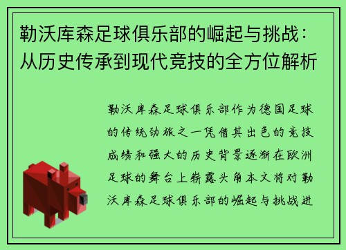 勒沃库森足球俱乐部的崛起与挑战:从历史传承到现代竞技的全方位解析